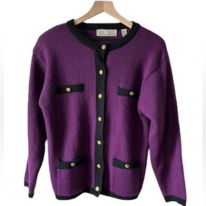 Vintage Purple & Black Wool Knit Cardigan w Gold Button Closure By Karen Scott M